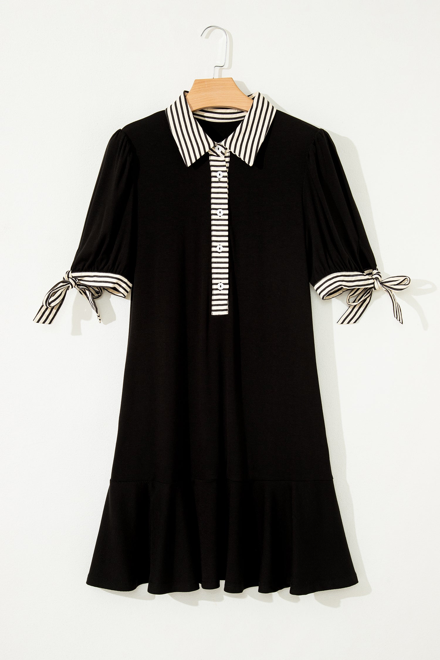 Black Stripe Polo Collar Half Button Tied Short Sleeve Mini Dress S-XL