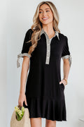 Black Stripe Polo Collar Half Button Tied Short Sleeve Mini Dress S-XL