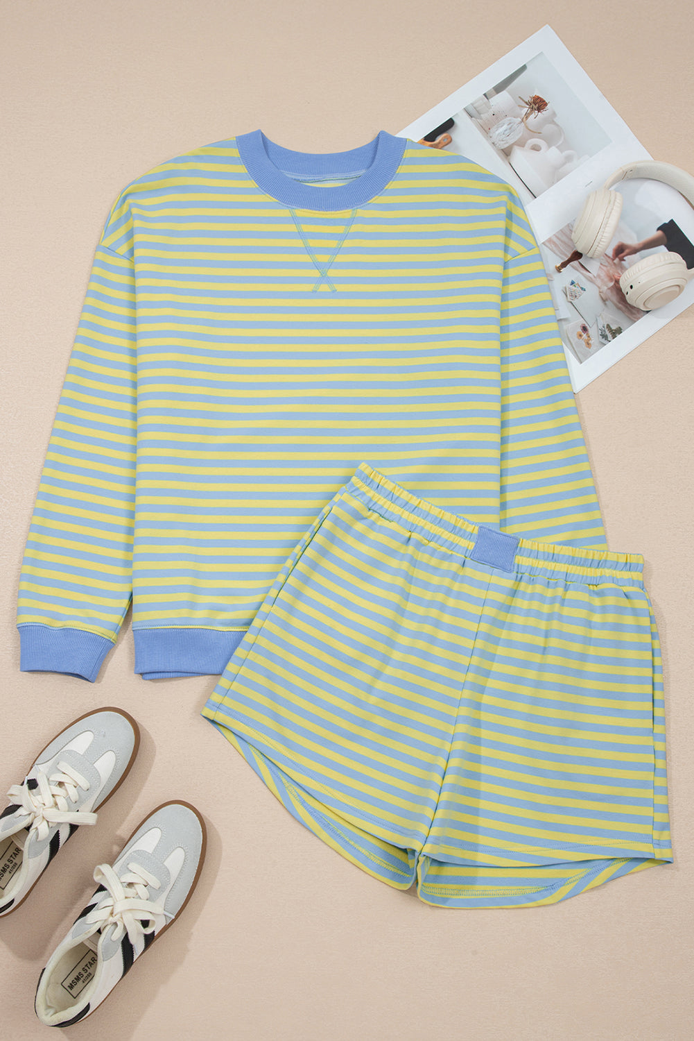Stripe Colour Block Long Sleeve Pullover & Shorts Set | Pink, Yellow & Green Stripe
