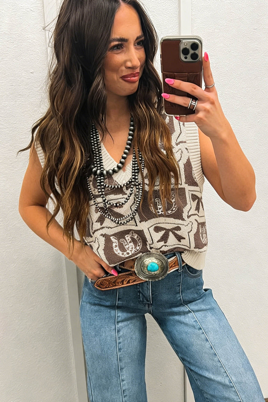 Women's Brown Western Horseshoe Bow Print V Neck Loose Sweater Vest at LivelyLooks