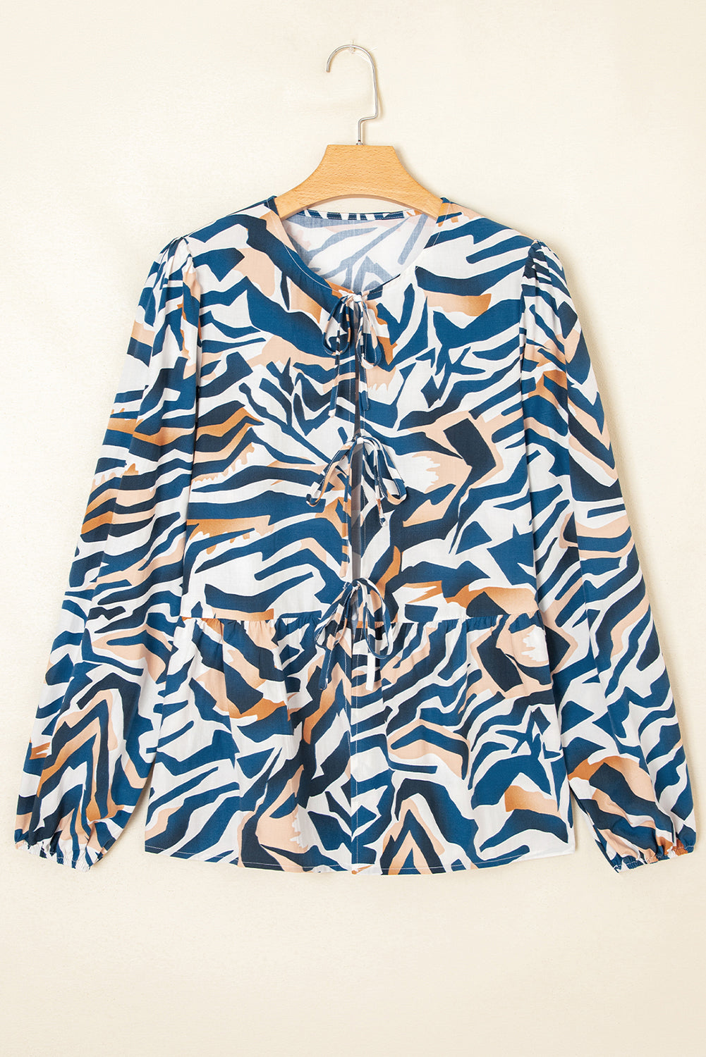 Blue Zebra Print Puff Sleeve Top Tied Front Women S-XL