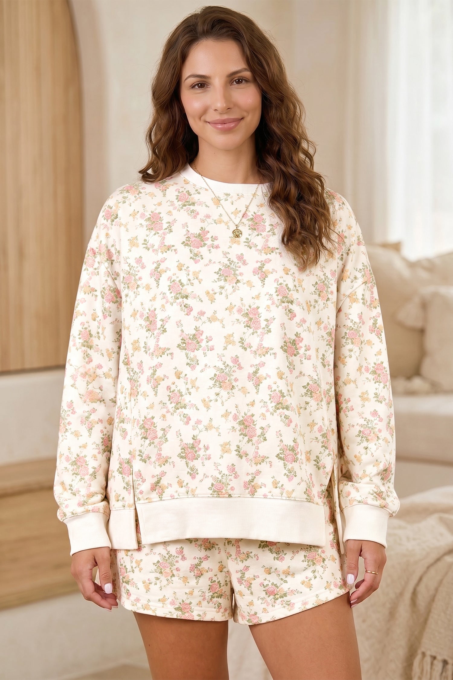 Beige Floral Print Long Sleeve Top & Pocketed Shorts Set | UK 8–22