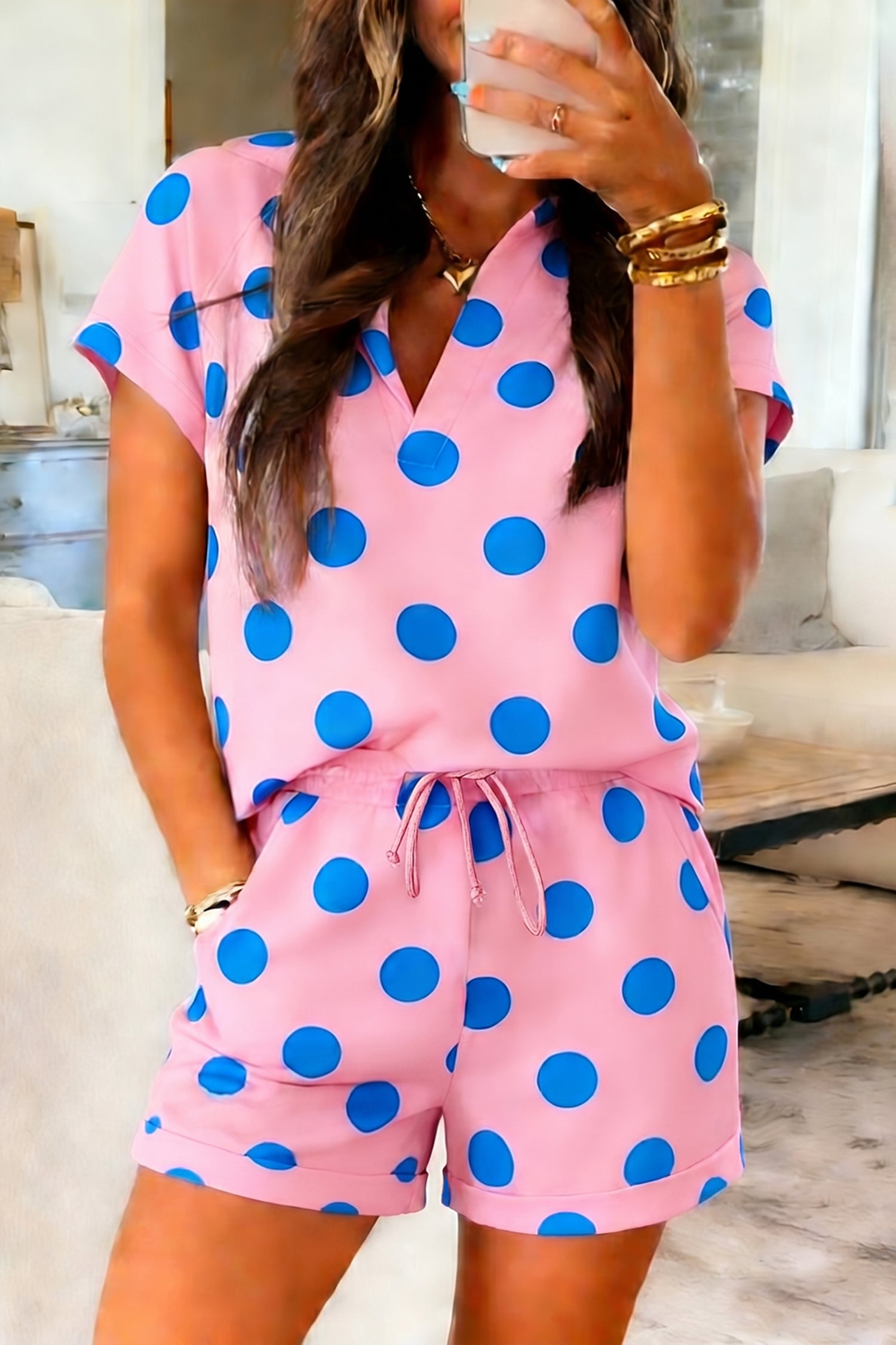 LivelyLooks Polka Dot V-Neck Tee & Shorts Co-ord Set | Green, Pink & Beige S-XL women's fashion