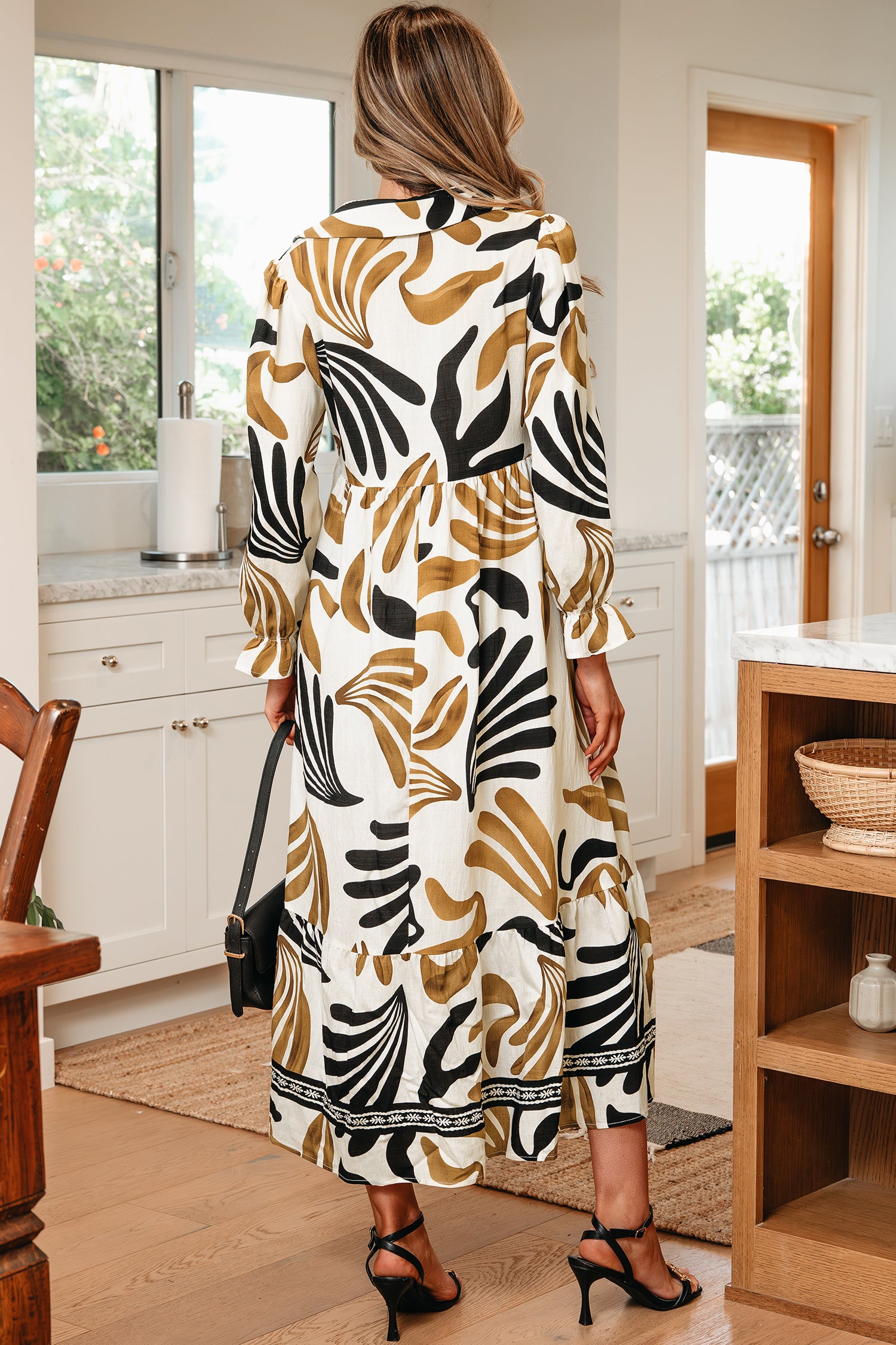 Women's Brown Tropical Printed Contrast Trim Neck Long Sleeve Ruffle Hem Dress at LivelyLooks