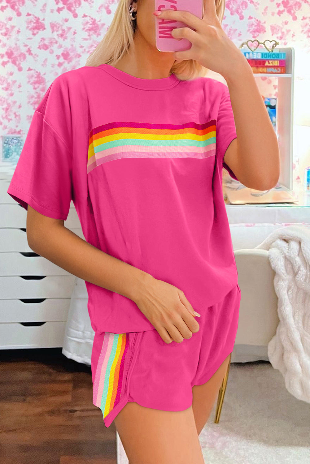 Vibrant Striped Athleisure Short Set | Rose Red & Beige