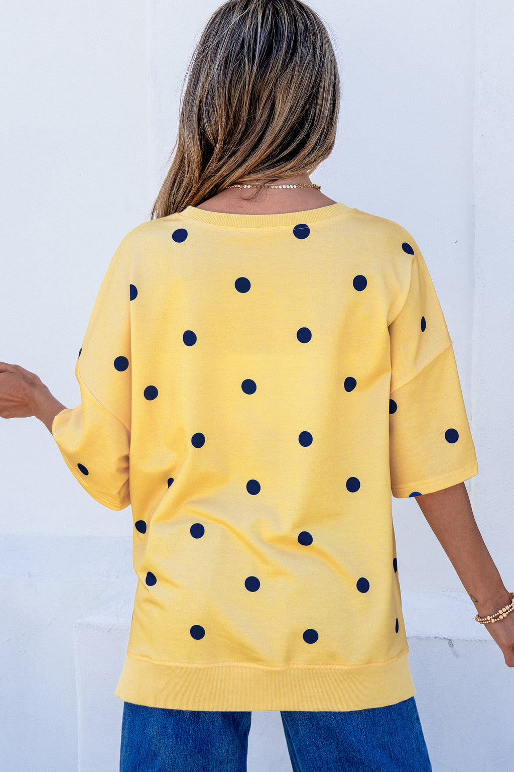 Women's Polka Dot Oversized Tee Crossed Seam Detail Yellow Sky Blue S-XL