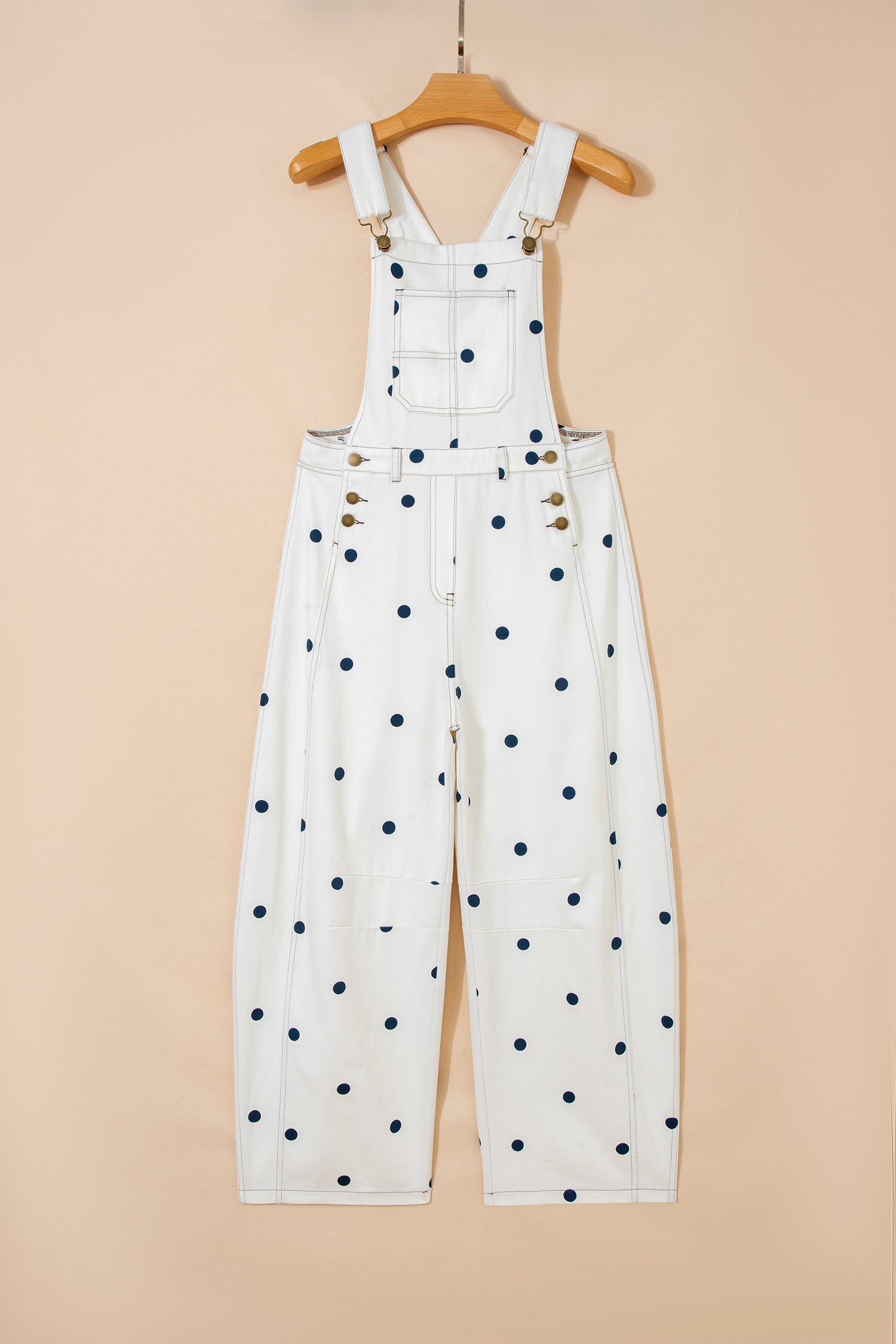 Polka Dot Denim Barrel Overalls Jumpsuit | Cream Beige Pink UK 8–22