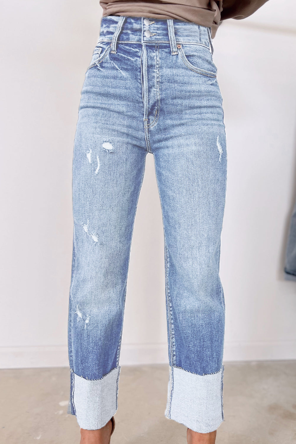 Shop Sky Blue High Waist Distressed Straight Leg Jeans UK 8-22 at LivelyLooks