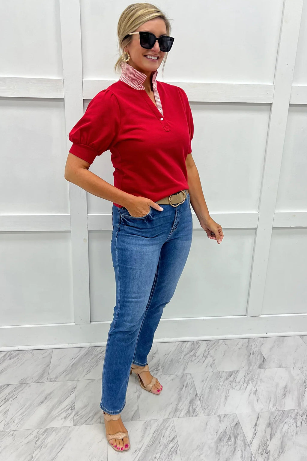 Women's Fiery Red Striped Frilled Collar Puff Sleeve Blouse at LivelyLooks