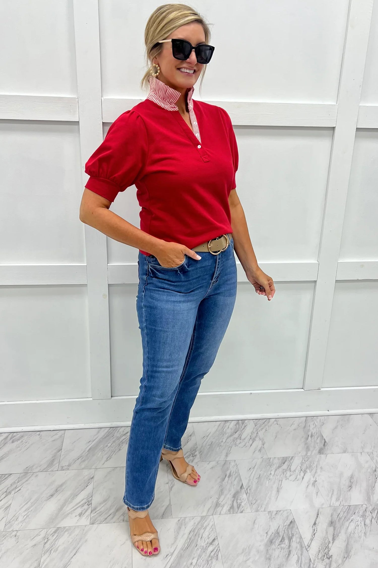 Women's Fiery Red Striped Frilled Collar Puff Sleeve Blouse at LivelyLooks