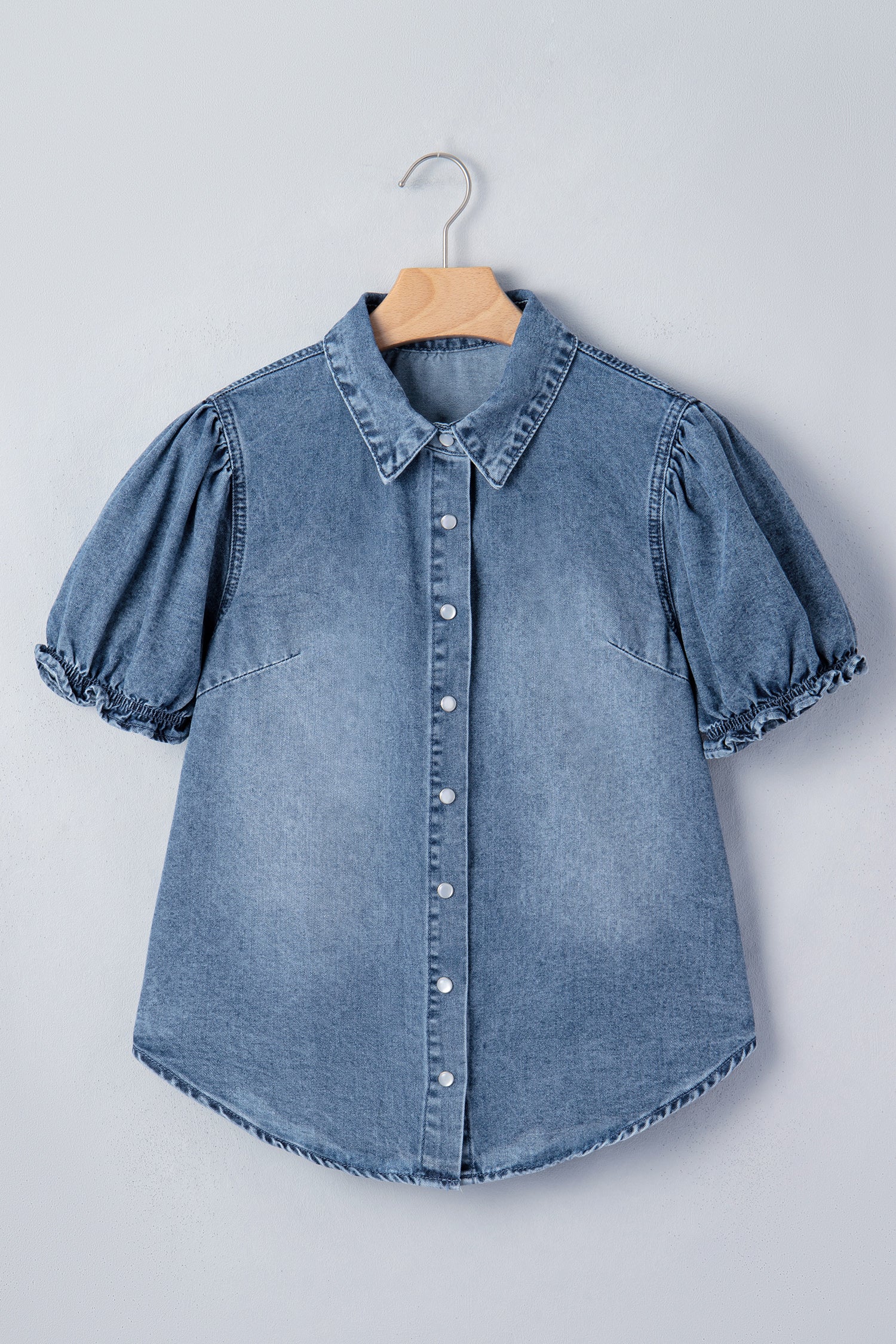 LivelyLooks Beau Blue Frilled Short Sleeve Snap Button Denim Shirt women's fashion