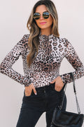 Brown Leopard Print Bodysuit Smocked Neck Mesh Long Sleeve Women S-XL