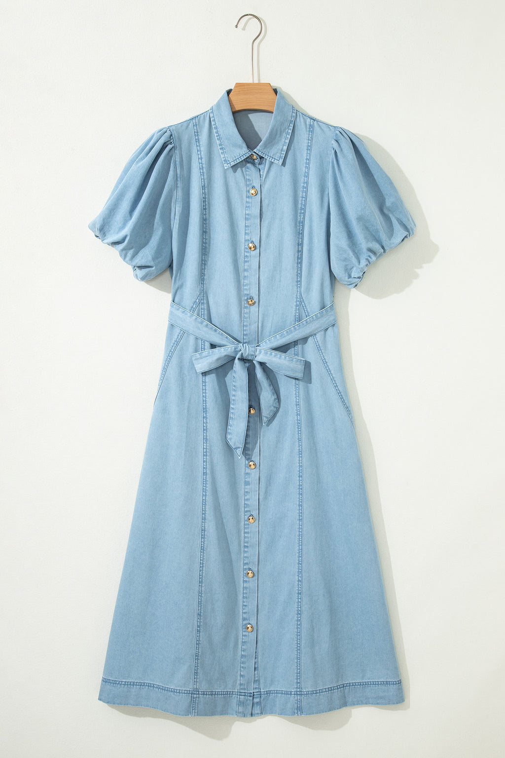 Women's Blue Button-Down Collared Bubble Sleeve Long Denim Dress at LivelyLooks