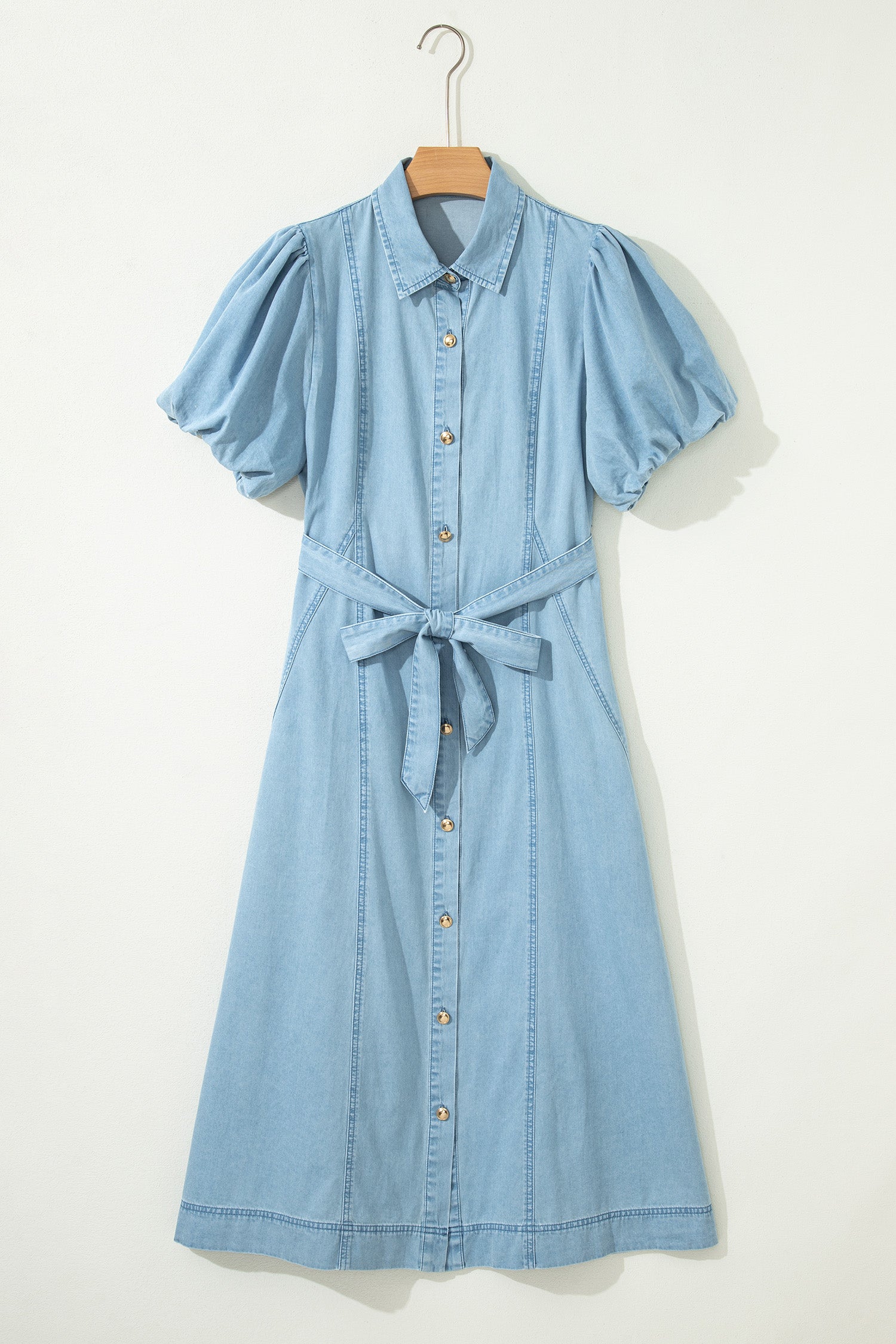 Women's Blue Button-Down Collared Bubble Sleeve Long Denim Dress at LivelyLooks