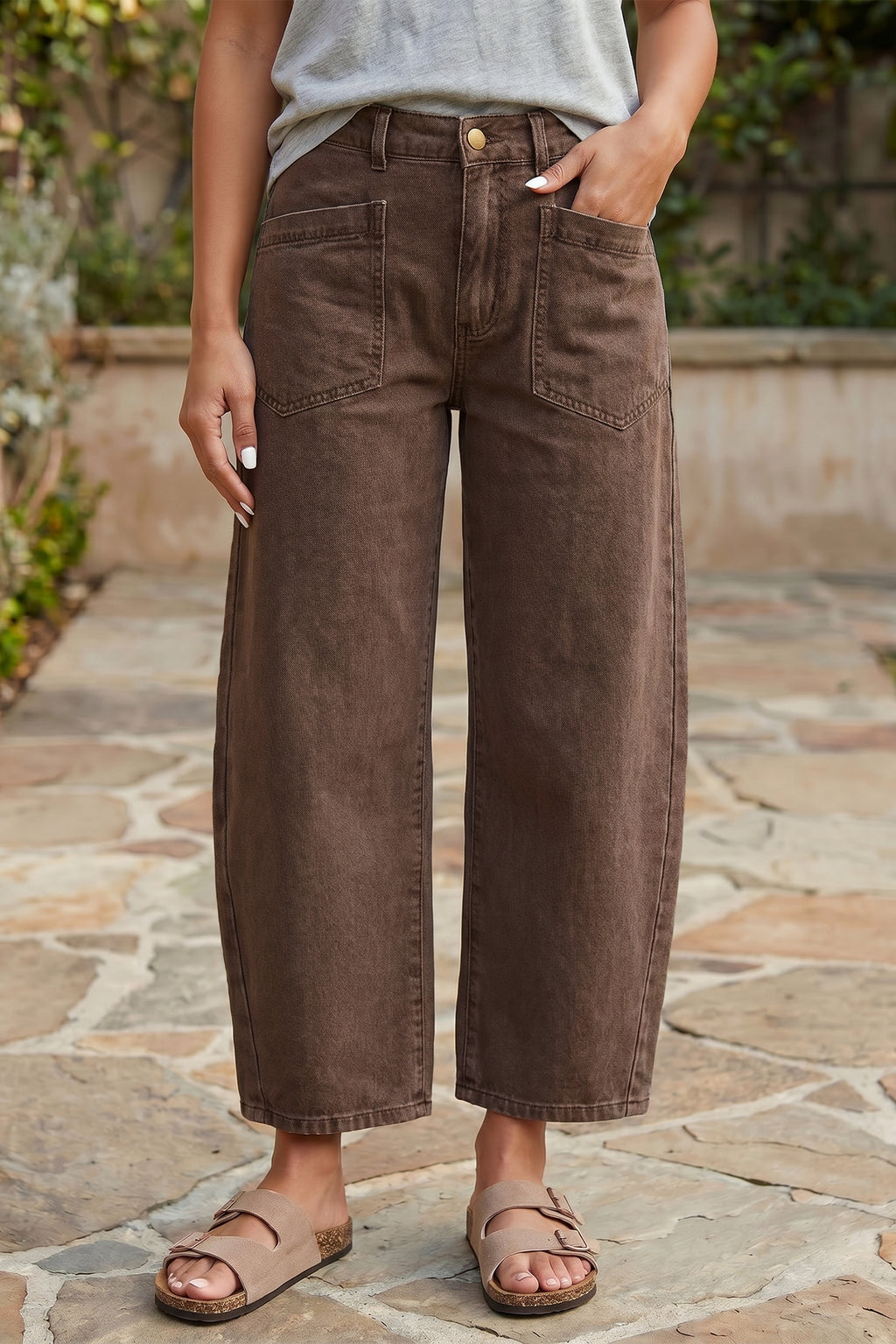 Brown Barrel Leg Jeans Square Patch Pocket Ankle Length UK 4-16