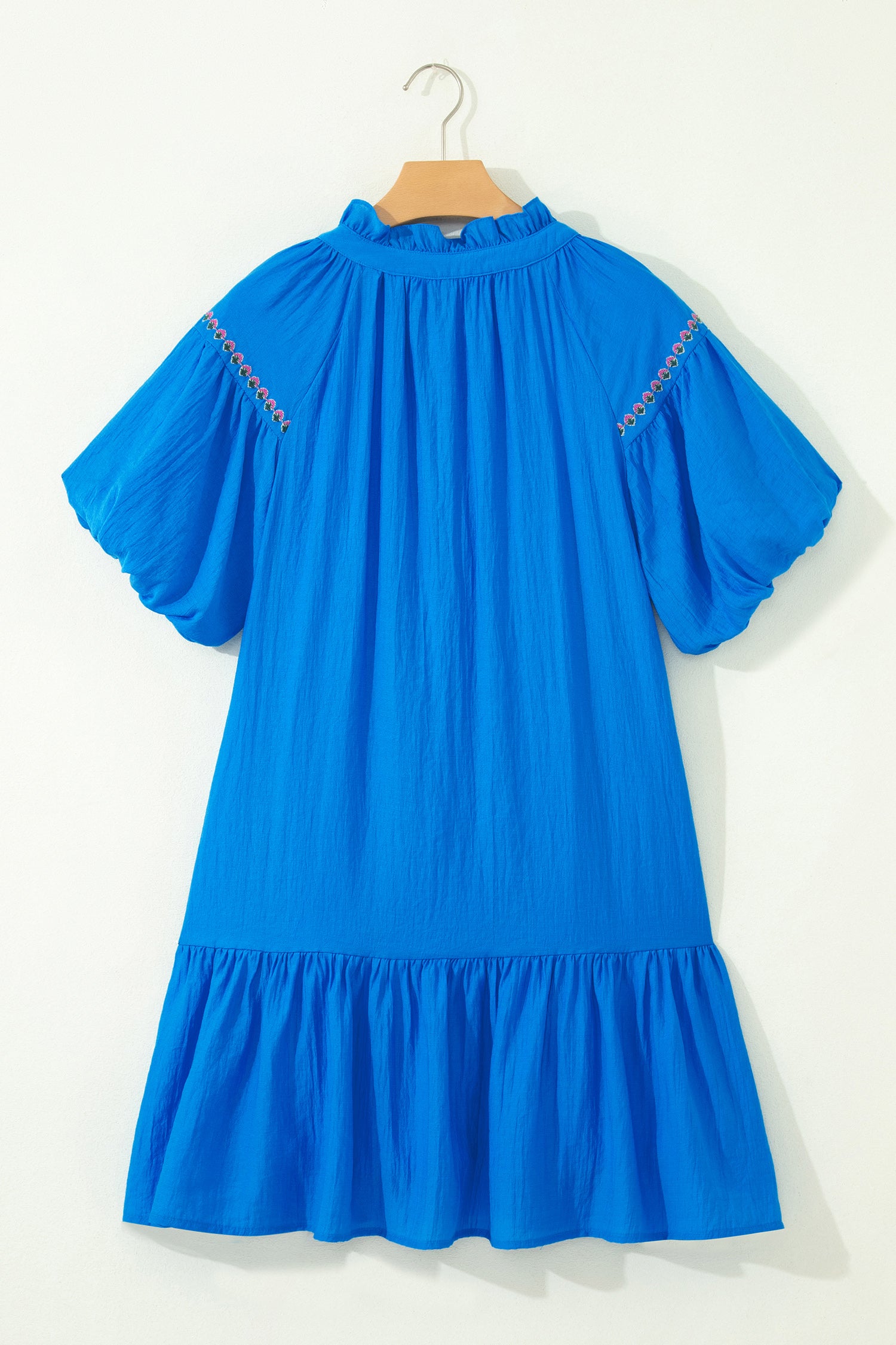 Blue Flower Embroidered Split Neck Puff Sleeve Ruffle Hem Mini Dress S-XL