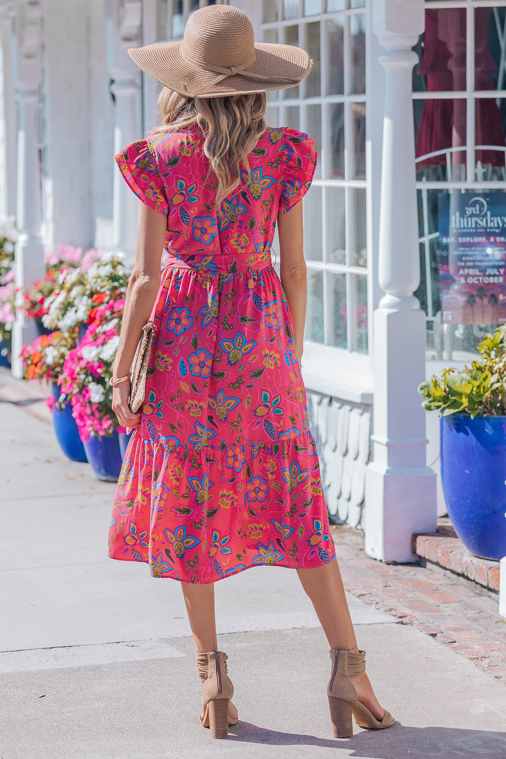 Women's Rose Flutter Sleeve Belted Floral Maxi Dress at LivelyLooks