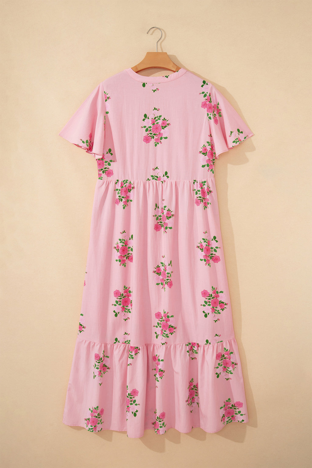 Women's Women's Floral Maxi Dress Flutter Sleeve Notched Neck Summer Holiday Pink Blue at LivelyLooks