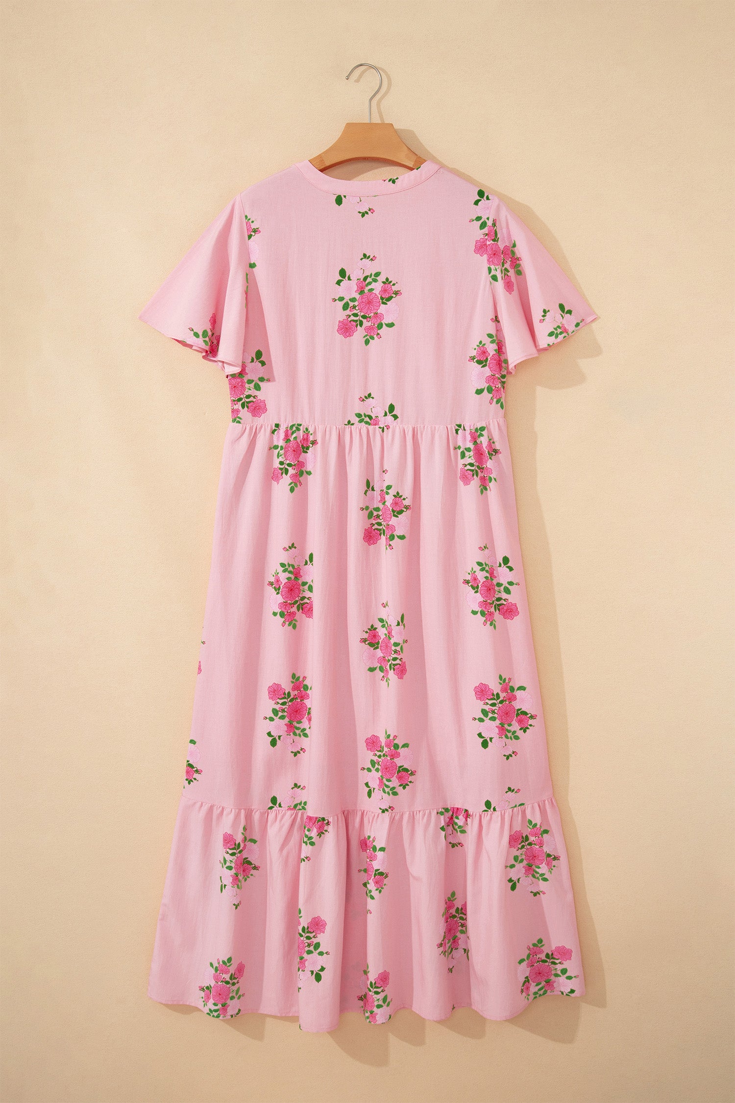 Women's Women's Floral Maxi Dress Flutter Sleeve Notched Neck Summer Holiday Pink Blue at LivelyLooks