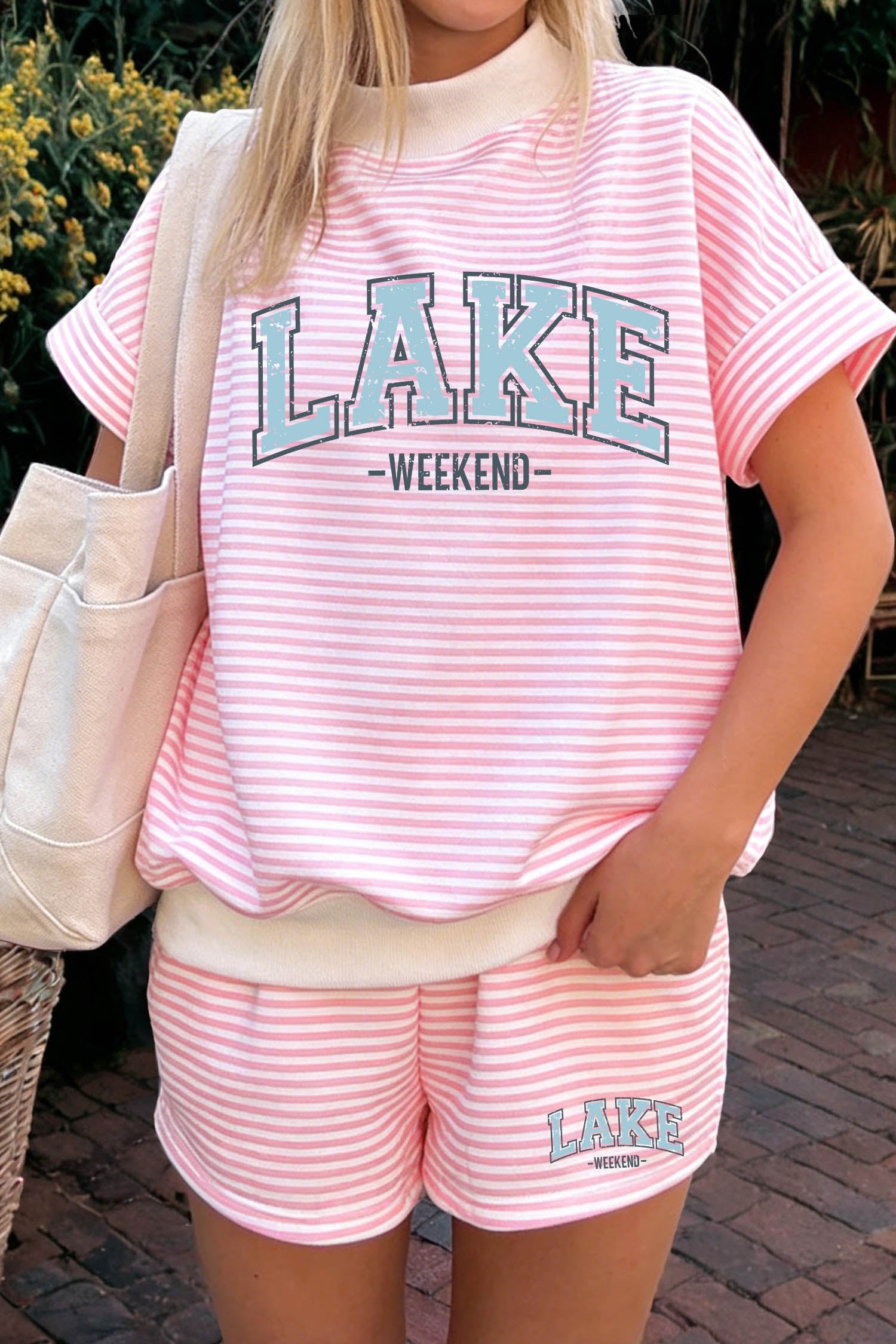 Pink Stripe Lake Weekend High Neck Short Sleeve 2-Piece Short Set