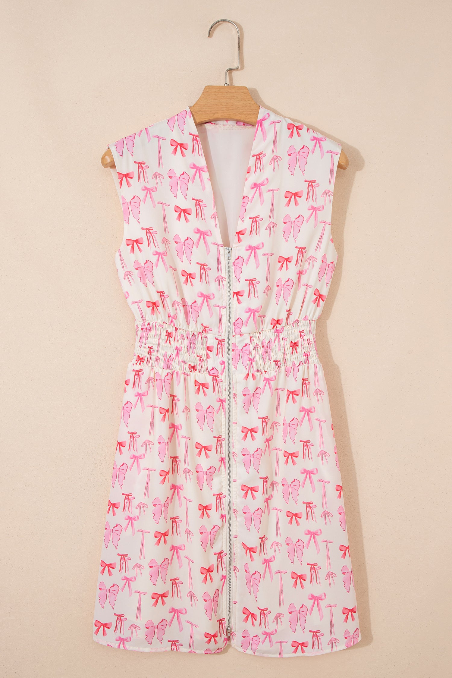LivelyLooks Pink Full Zip Cinched Waist Sleeveless Bow Mini Dress women's fashion