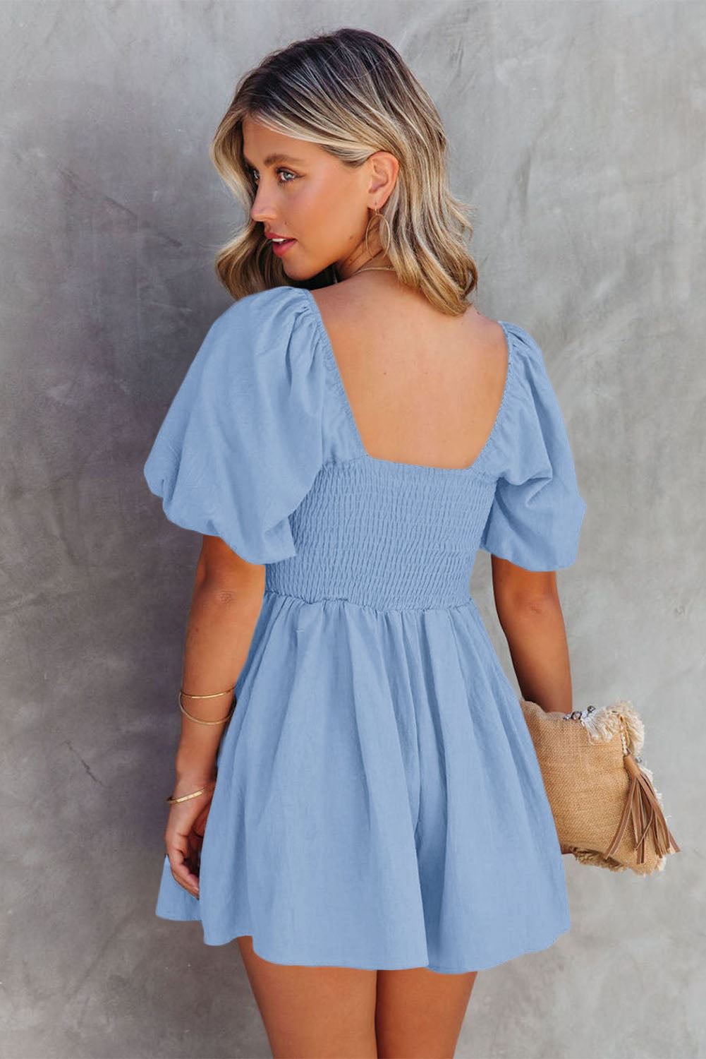 Women's Sky Blue & Brown Square Neck Ruched Puff Sleeve Romper at LivelyLooks