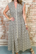 Beige Leopard Zip Front V Neck Cinched Waist Sleeveless Maxi Dress S-XL