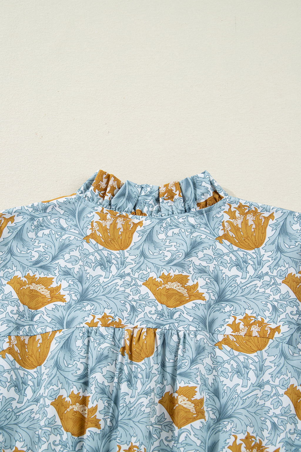 Floral Frilled V Neck Long Dress Bracelet Sleeve Brown Sky Blue Women S-XL