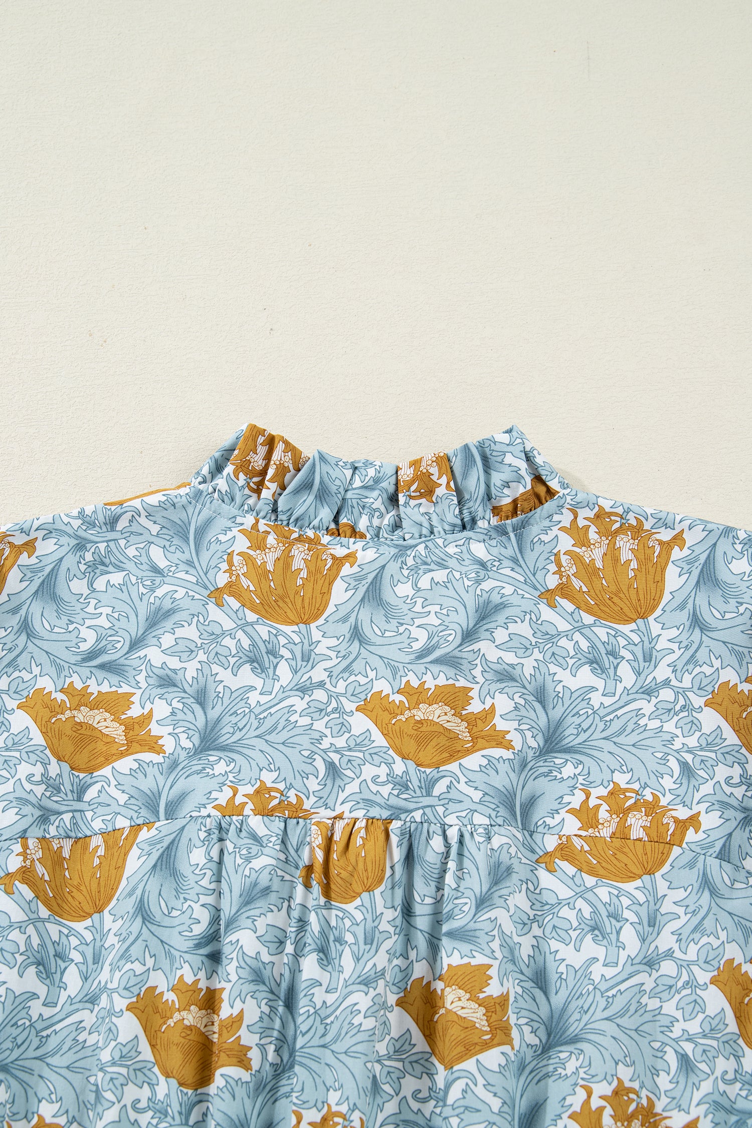 Floral Frilled V Neck Long Dress Bracelet Sleeve Brown Sky Blue Women S-XL