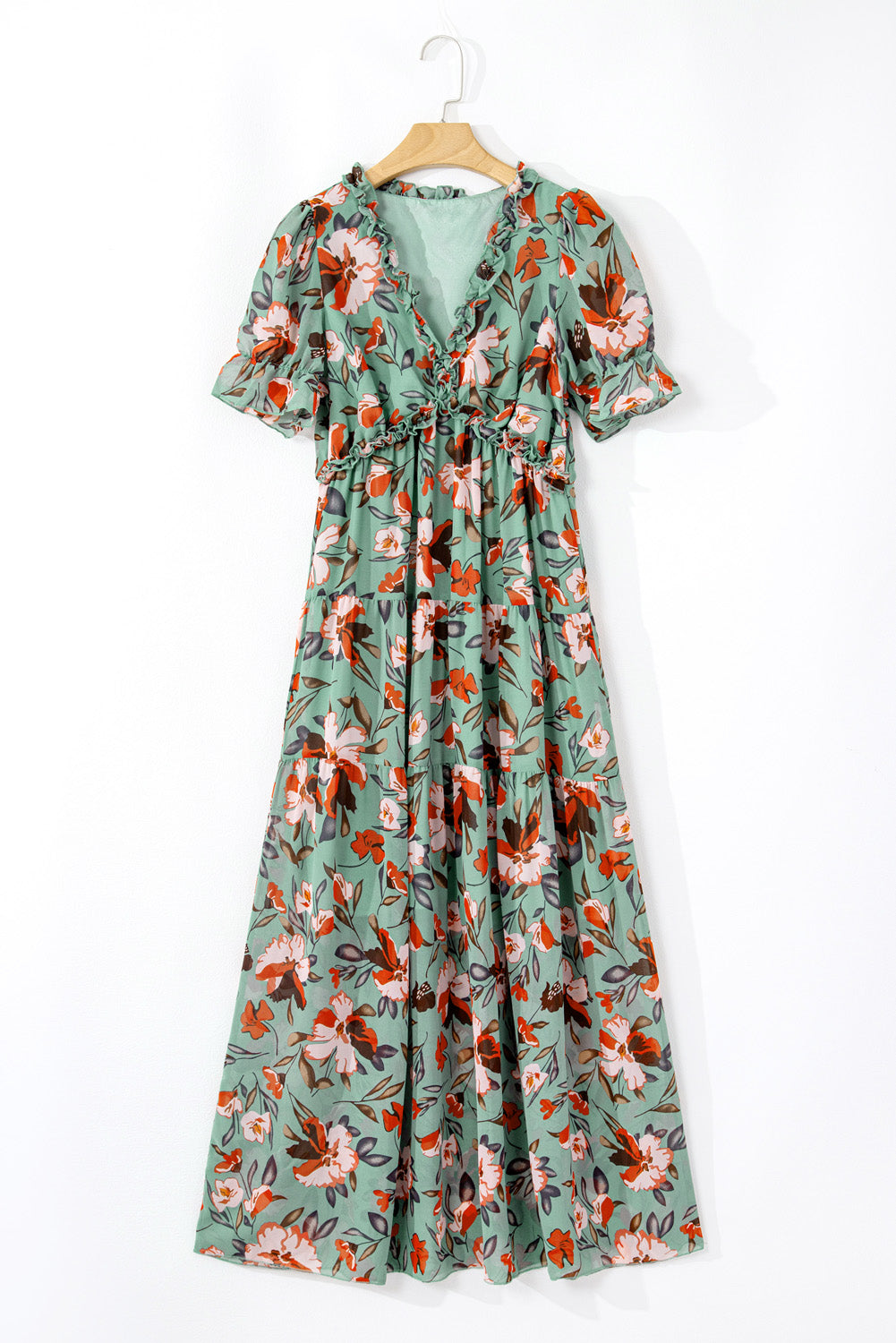 Women's Floral Print Frilled V-Neck Short Sleeve Maxi Dress Blue Black Green S-XL at LivelyLooks