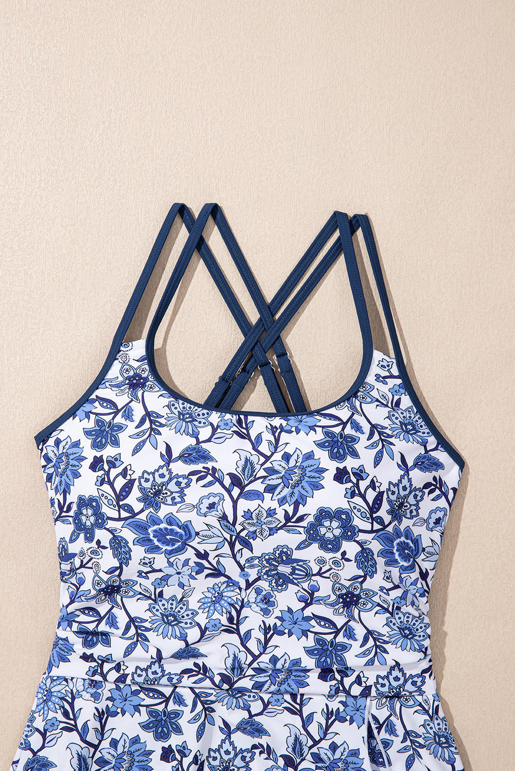 Women's Women Floral Print Crossed Back Knot Side One Piece Swimsuit Blue Navy S-XL at LivelyLooks