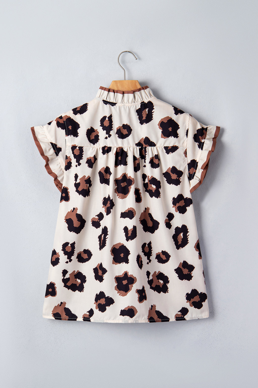 LivelyLooks Khaki Leopard Printed Ruffle Sleeve Summer Blouse Animal Pattern Holiday Top women's fashion