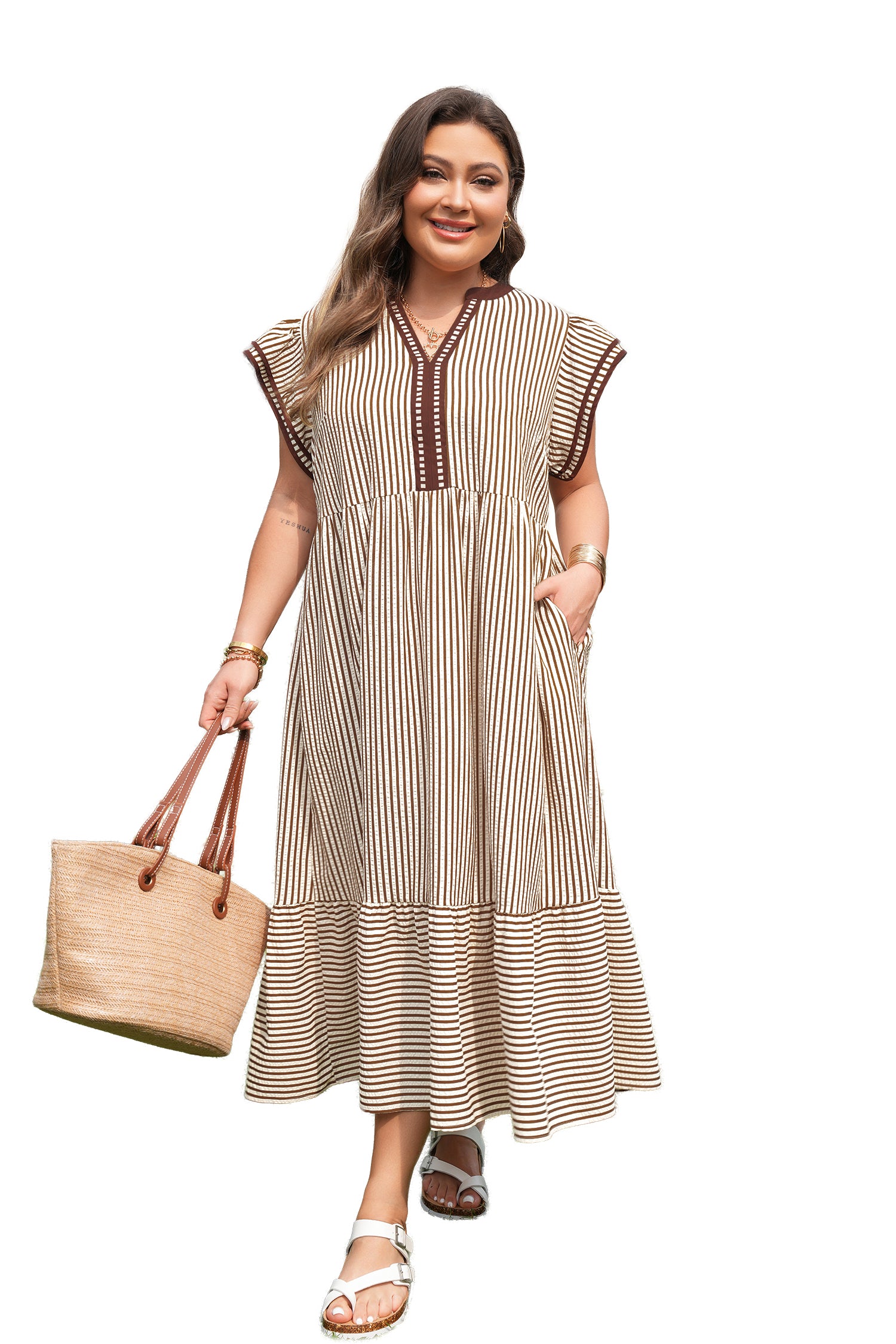 Black & Brown Stripe Plus Size Tiered Flutter Sleeve Maxi Dress