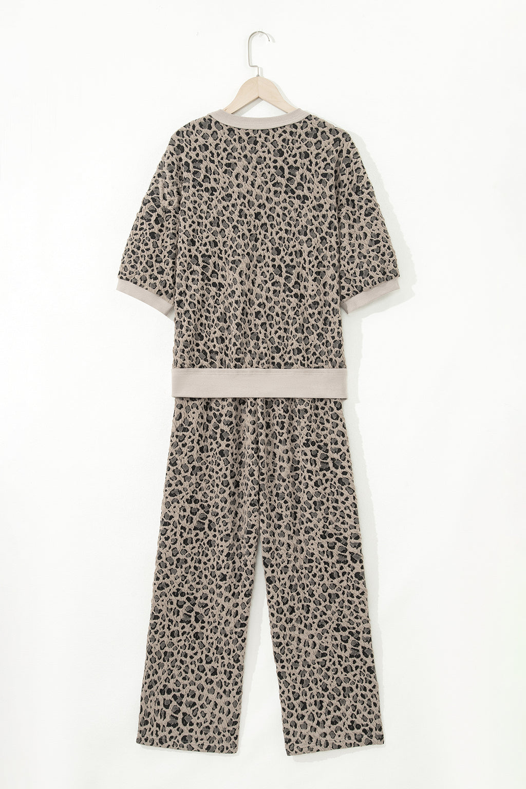 Khaki Jacquard Leopard Half Sleeve Jumper & Wide Leg Pant Set | UK 8–22