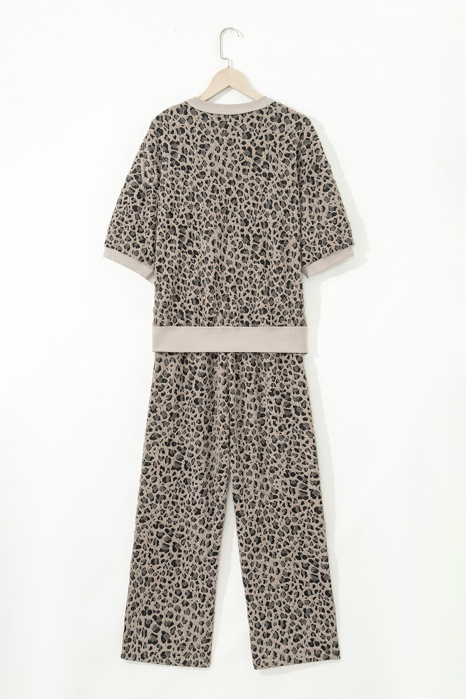 Khaki Jacquard Leopard Half Sleeve Jumper & Wide Leg Pant Set | UK 8–22
