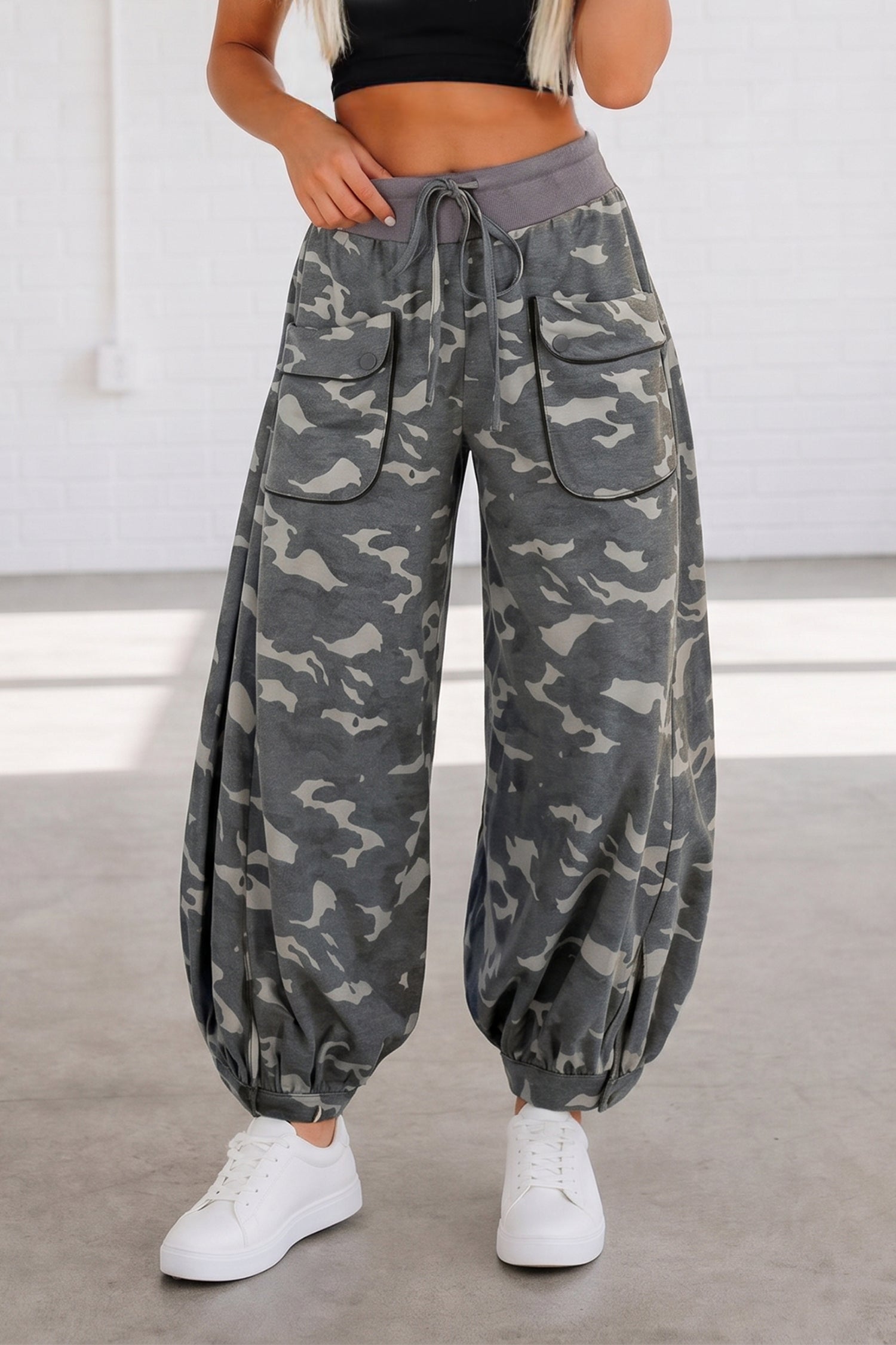 Camo Print Drawstring Cargo Barrel Pants | Khaki & Multicolour | UK 8–18