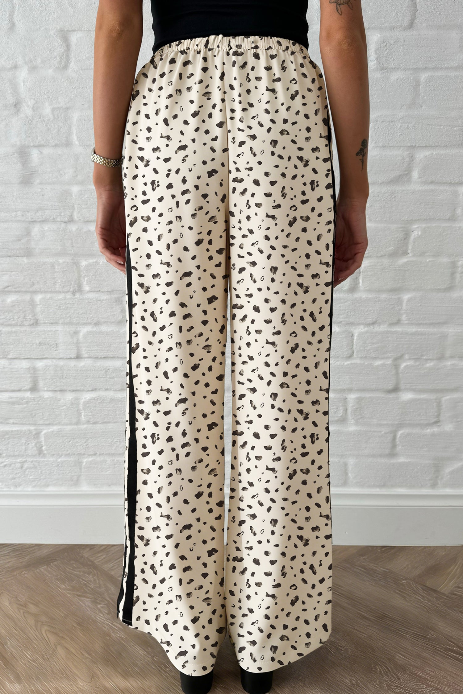 Women's Beige Leopard Print Side Stripe Loose Drawstring Trousers at LivelyLooks