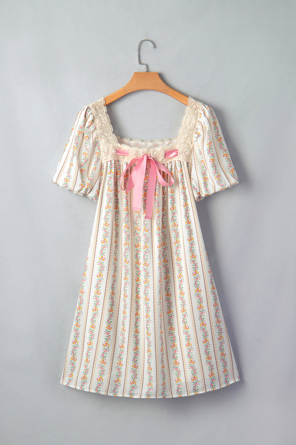 Multicolour Floral Ribbon Bow Lace Trim Square Neck Babydoll Mini Dress