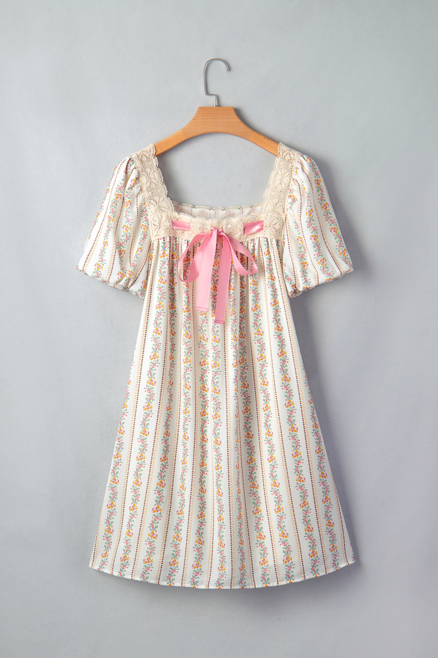 Multicolour Floral Ribbon Bow Lace Trim Square Neck Babydoll Mini Dress
