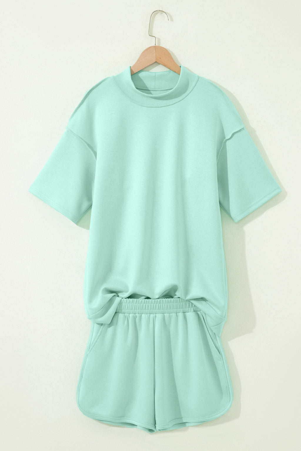 Exposed Seam Mock Neck Oversized Tee & Shorts Set – Mist Blue