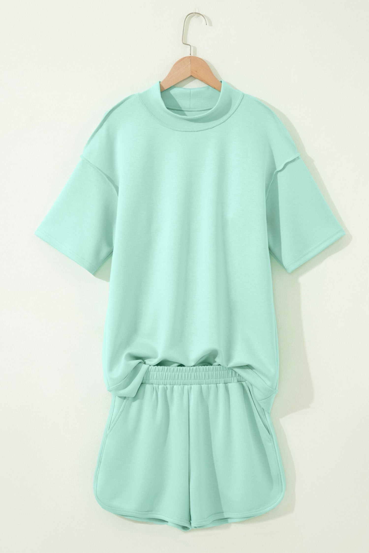 Exposed Seam Mock Neck Oversized Tee & Shorts Set – Mist Blue