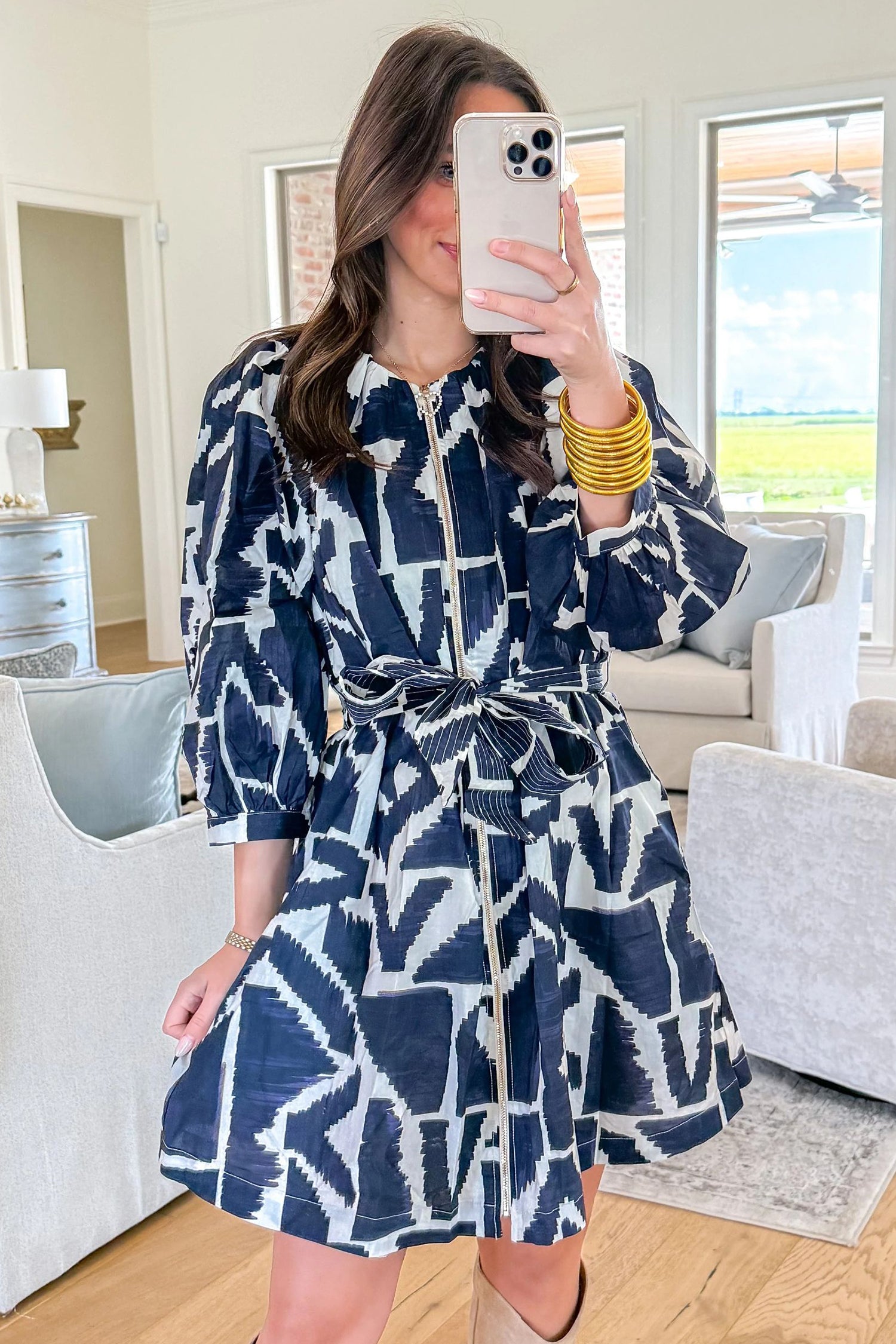 Blue Abstract Geometric Print Zip Front Tie Waist Shift Dress | UK 8–18