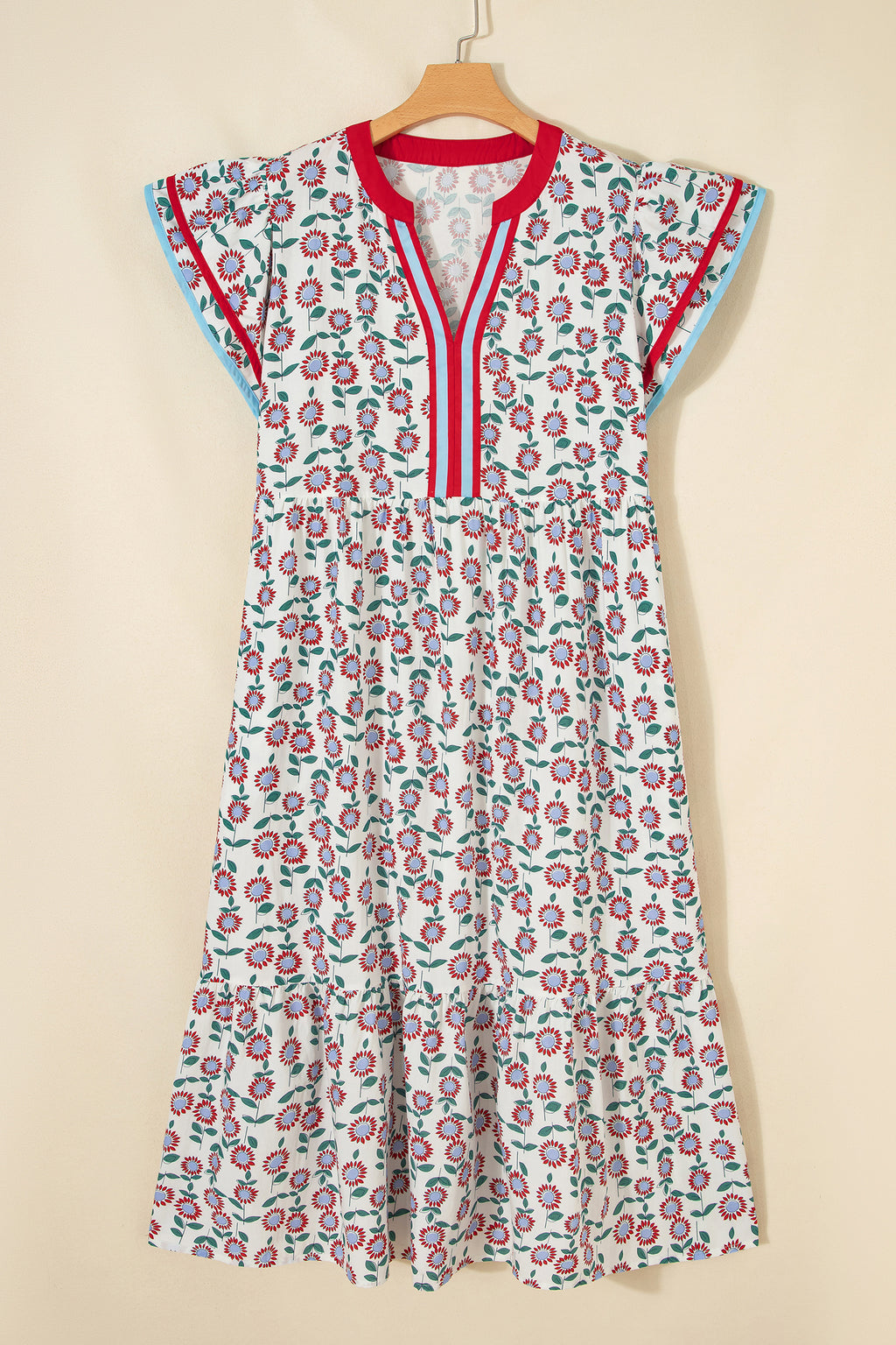 Sunflower Print Flutter Sleeve Maxi Dress Striped Trim Sky Blue Red UK 8-22