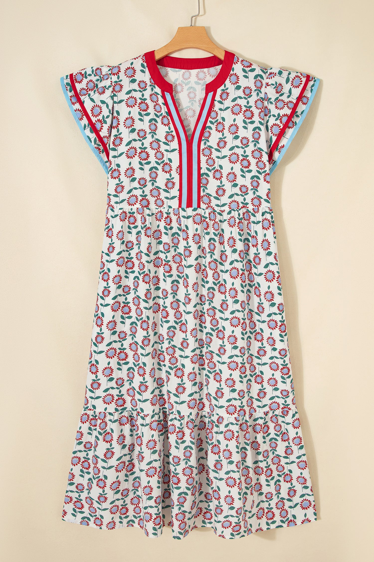 Sunflower Print Flutter Sleeve Maxi Dress Striped Trim Sky Blue Red UK 8-22