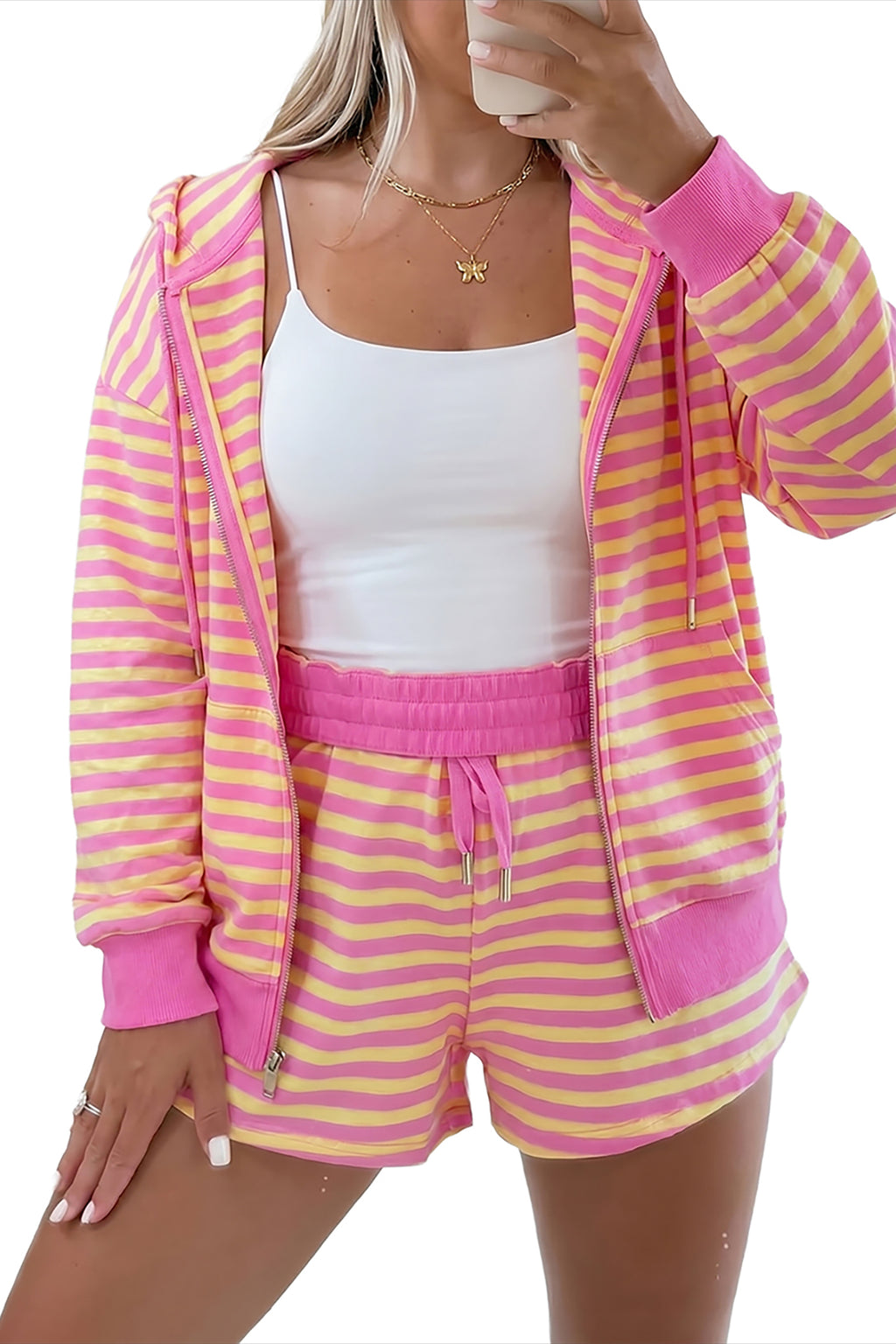 Rose Red Striped Long Sleeve Zip-Up Hoodie & Drawstring Shorts Set | UK 8–22