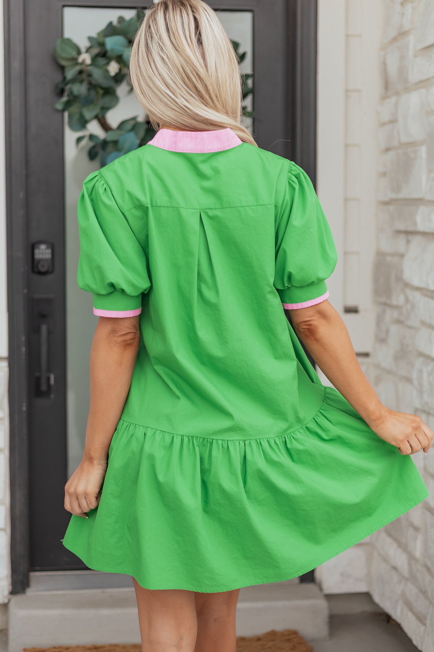 Bright Green Colour Block Mini Dress Split Neck Puff Sleeve Ruffle Hem Women S-XL