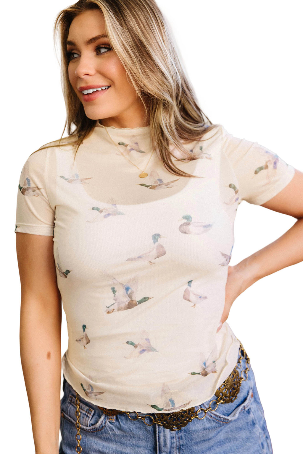 Beige Mallard Print Sheer Mesh Top Short Sleeve Women S-XL
