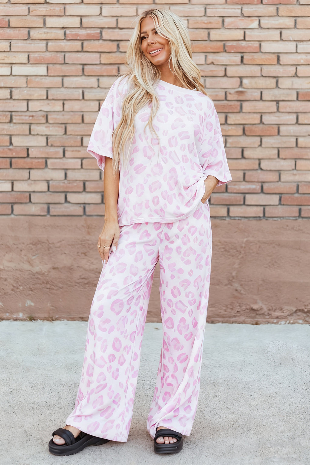 Pink Leopard Print Top & Wide Leg Pants Co-ord Set | UK 8–22