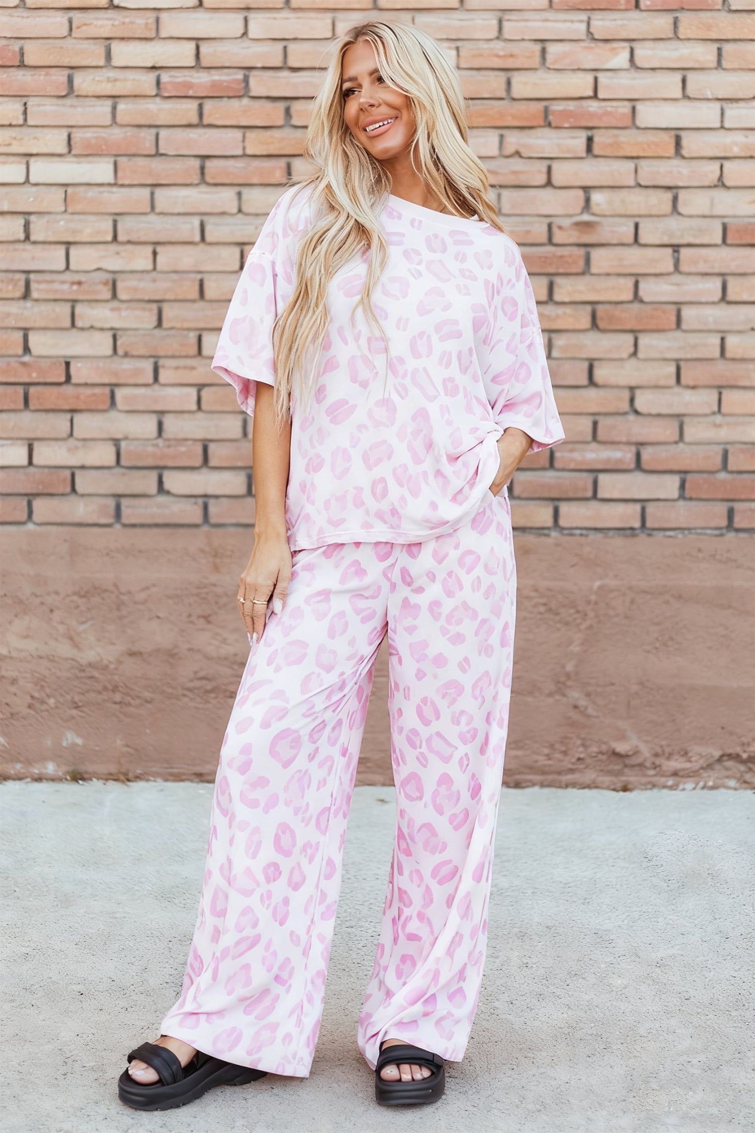 Pink Leopard Print Top & Wide Leg Pants Co-ord Set | UK 8–22