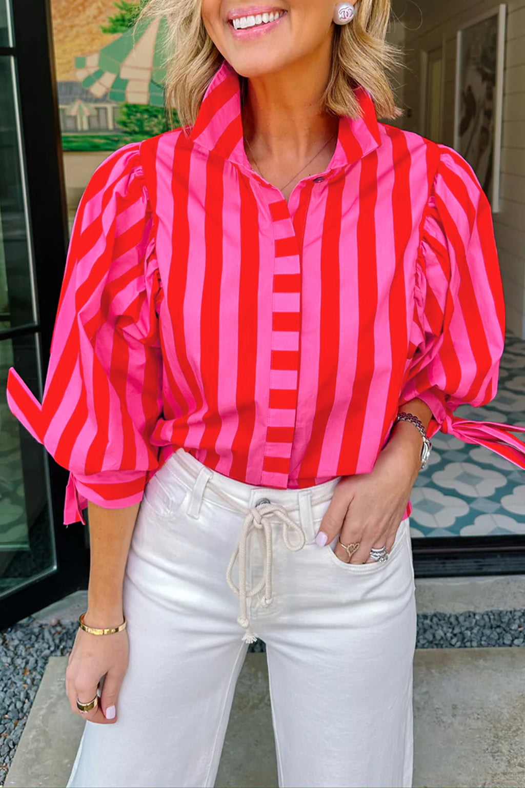 LivelyLooks Stripe Tie Puff Sleeve Women's Button Down Shirt women's fashion